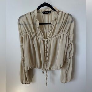Lioness Beige Sheer Chiffon Crop Blouse Tie Front Puff Sleeve Top Size M